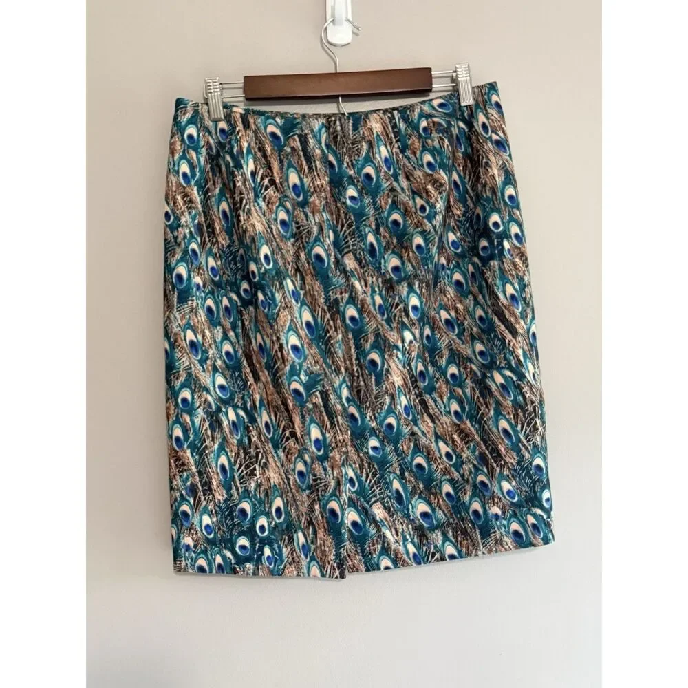 Talbots Peacock Feathers Print Pencil Skirt Stretch Knit 10 Petite Office Work